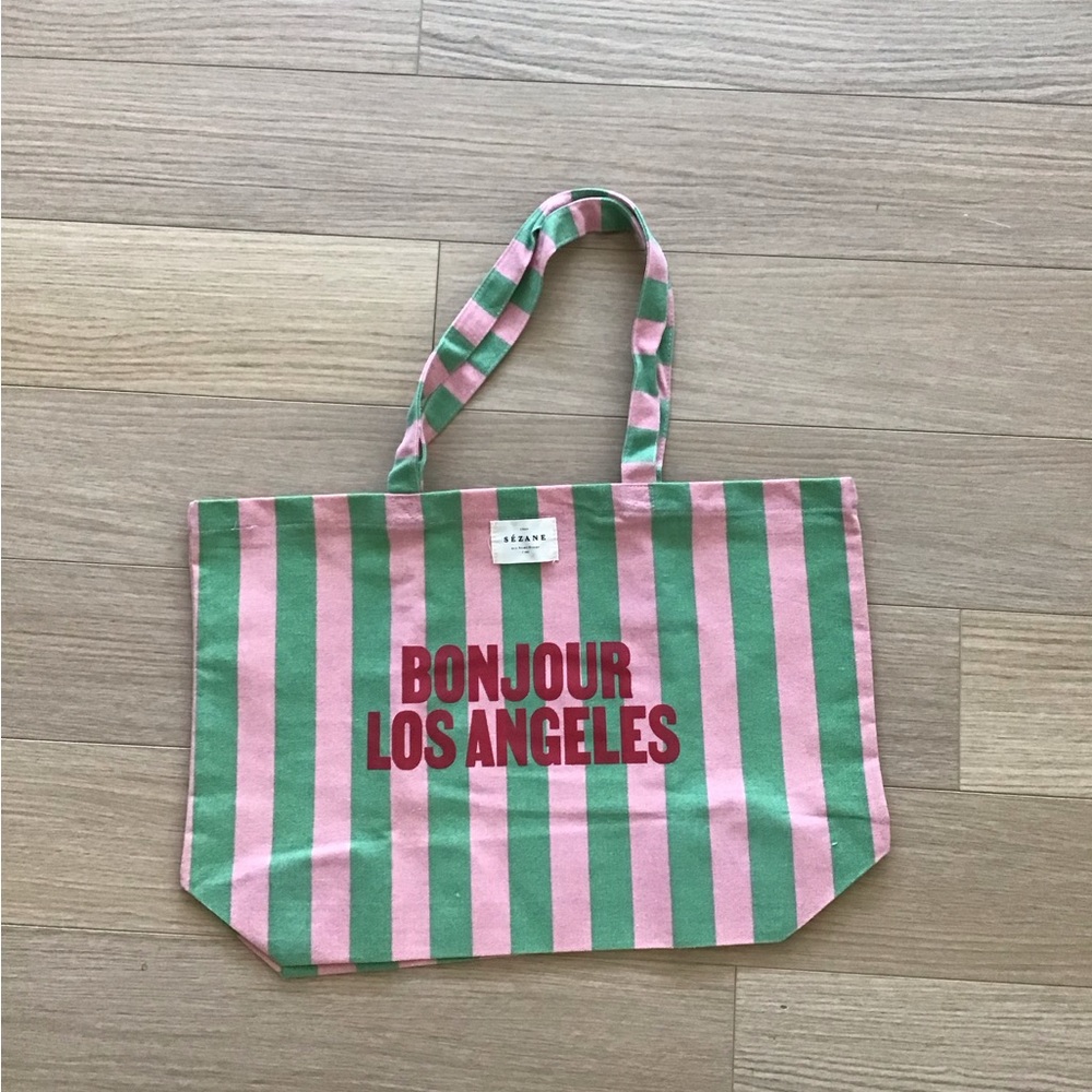 Sezane Pink and Green Striped Tote